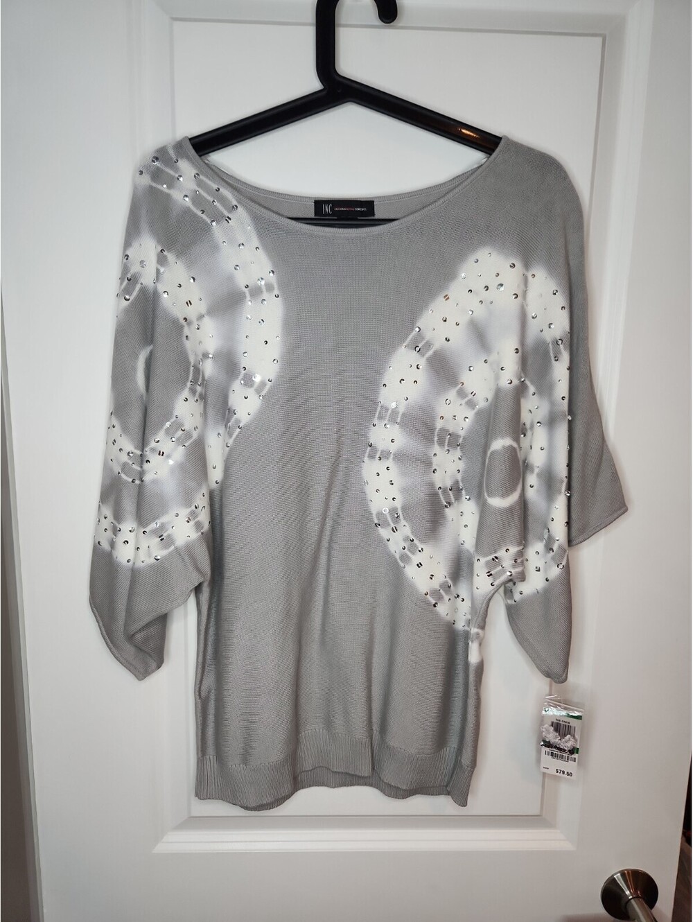 INC Batwing Top Women's L Gray White w/Silver Sequin Short Draped Sleeve Tie Dye